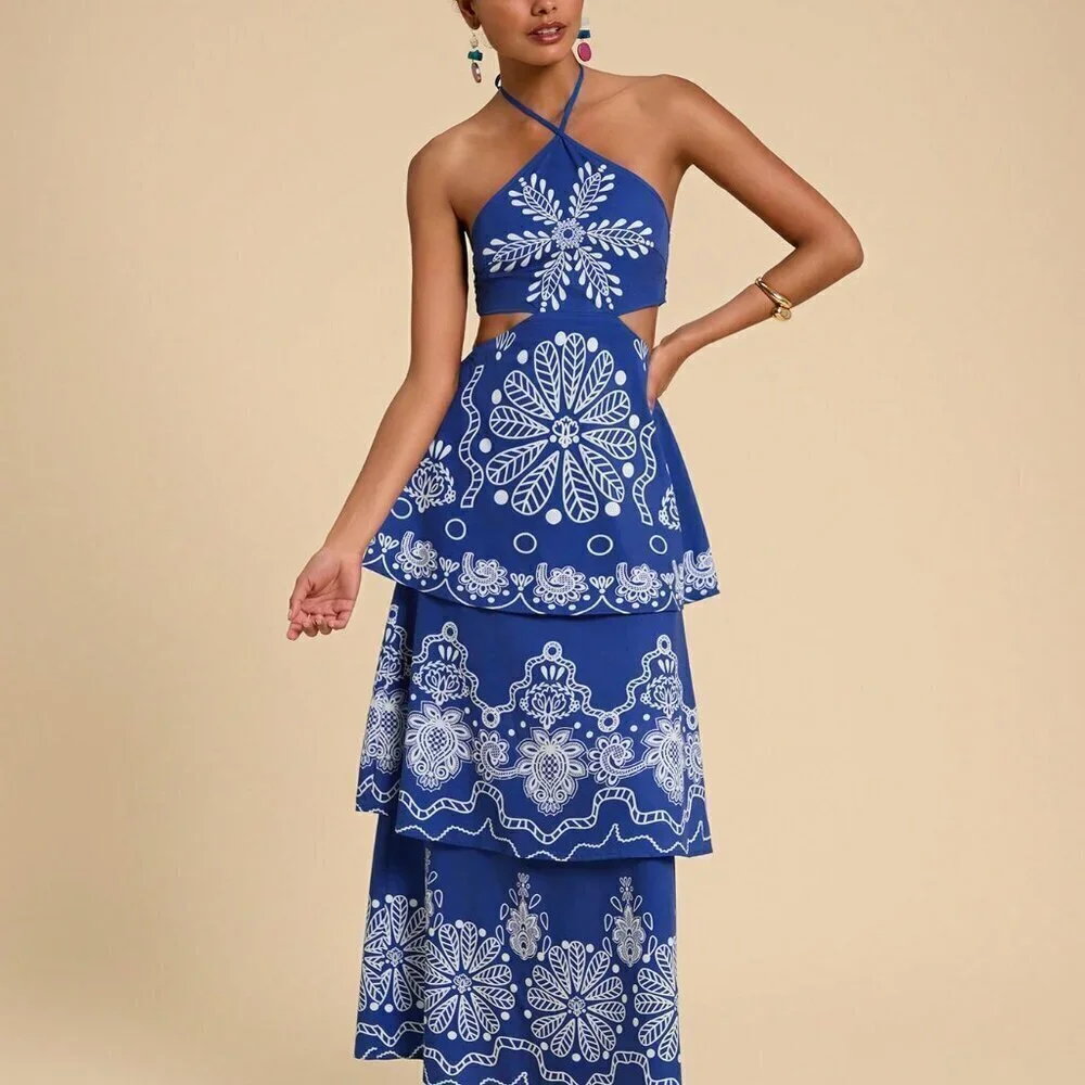 Blue Boho Women's Vacation Chiffon Floral Print Backless Halter Dress